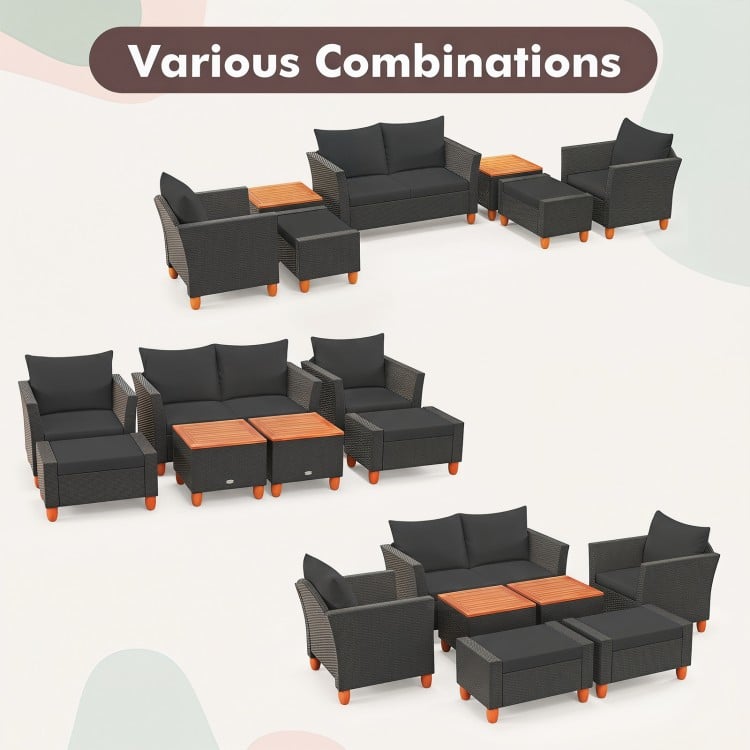 7-piece patio furniture set featuring black PE rattan sectional sofa, armchairs, and acacia wood table for versatile.