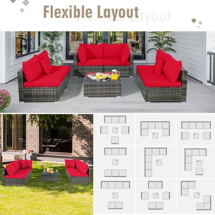 7-piece patio rattan furniture set with red cushions, featuring a flexible layout and a practical coffee table for.