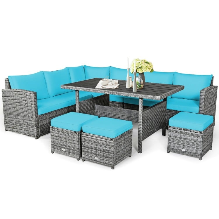 7-piece patio rattan dining furniture set with turquoise cushions, including sectional sofa and ottomans for outdoor.