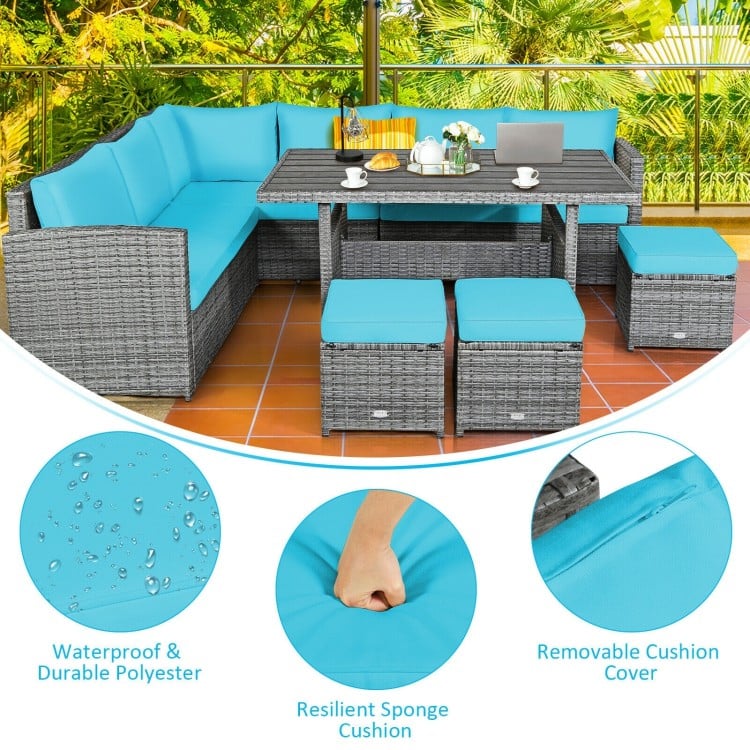 Turquoise 7-piece patio rattan sectional sofa set with cushions, table, and ottomans for versatile outdoor seating.