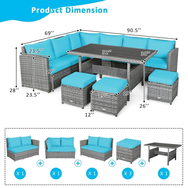 7-piece patio rattan dining furniture set with turquoise cushions, featuring corner chairs, table, and ottomans for.
