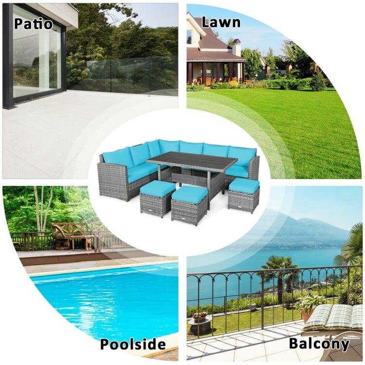 7-piece patio rattan dining sofa set with turquoise cushions, perfect for outdoor relaxation by the poolside or patio.