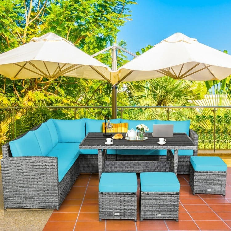 7-piece patio rattan dining furniture set with turquoise cushions, including sectional sofa, table, and ottomans for.