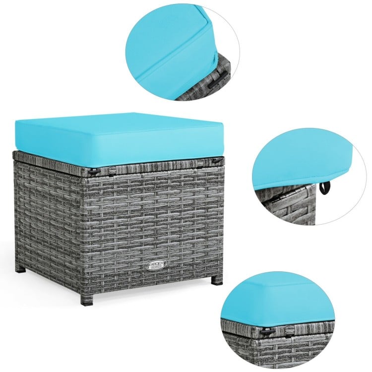 Turquoise cushion on a wicker ottoman from a 7-piece patio rattan dining furniture set for outdoor relaxation.