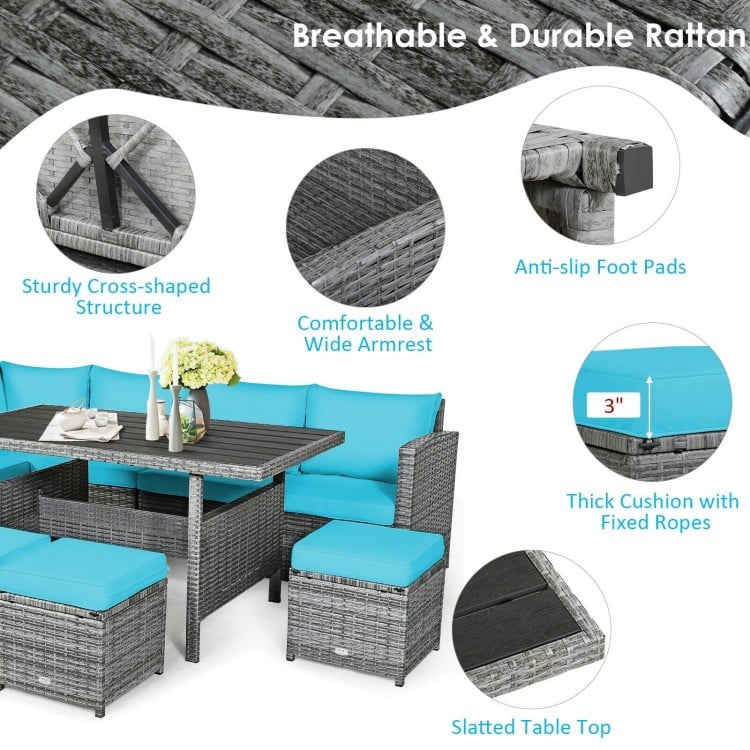 7-piece patio rattan dining set featuring turquoise cushions, sturdy structure, and slatted table top for outdoor.