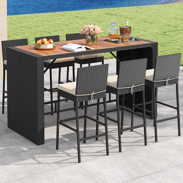 7-piece patio rattan bar set featuring a sturdy metal frame, acacia wood tabletop, and soft seat cushions for comfort.