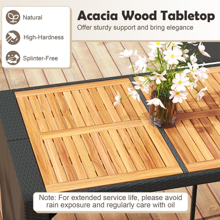 Acacia wood tabletop of the 7-piece patio rattan bar set offers sturdy support and natural elegance for outdoor spaces.