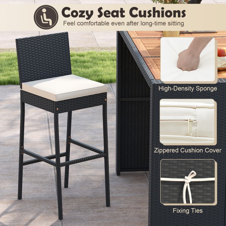 Cozy seat cushion on a bar chair from the 7 Pieces Patio Rattan Bar Set, perfect for outdoor comfort and style.