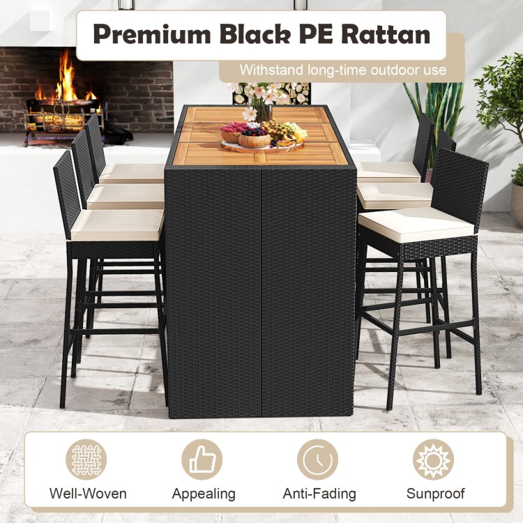 7-piece patio rattan bar set with soft cushions and acacia wood tabletop, perfect for outdoor gatherings in the garden.