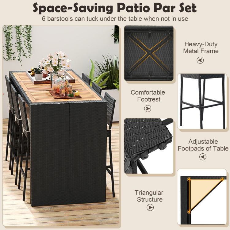 Patio rattan bar set featuring a sturdy metal frame, acacia wood tabletop, and comfortable seat cushions for outdoor use.