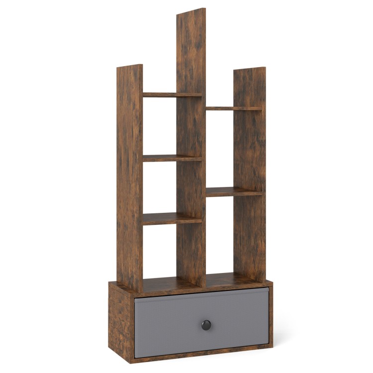 7-tier open-back bookshelf in rustic brown with a drawer, perfect for organizing items in home offices or living rooms.