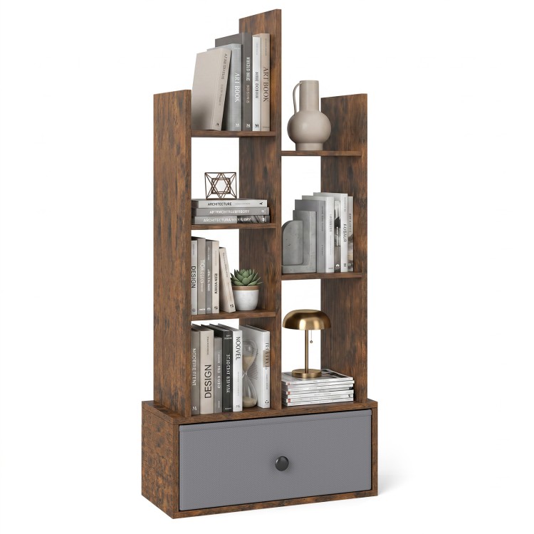 7-tier open-back bookshelf in rustic brown showcases a stylish design with a sleek drawer for efficient storage.