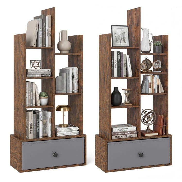 Rustic brown 7-tier open-back bookshelf features anti-falling baffles and a sturdy fabric drawer for versatile storage.