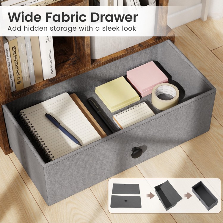 Wide fabric drawer in rustic brown bookshelf provides hidden storage while keeping items organized and easily.