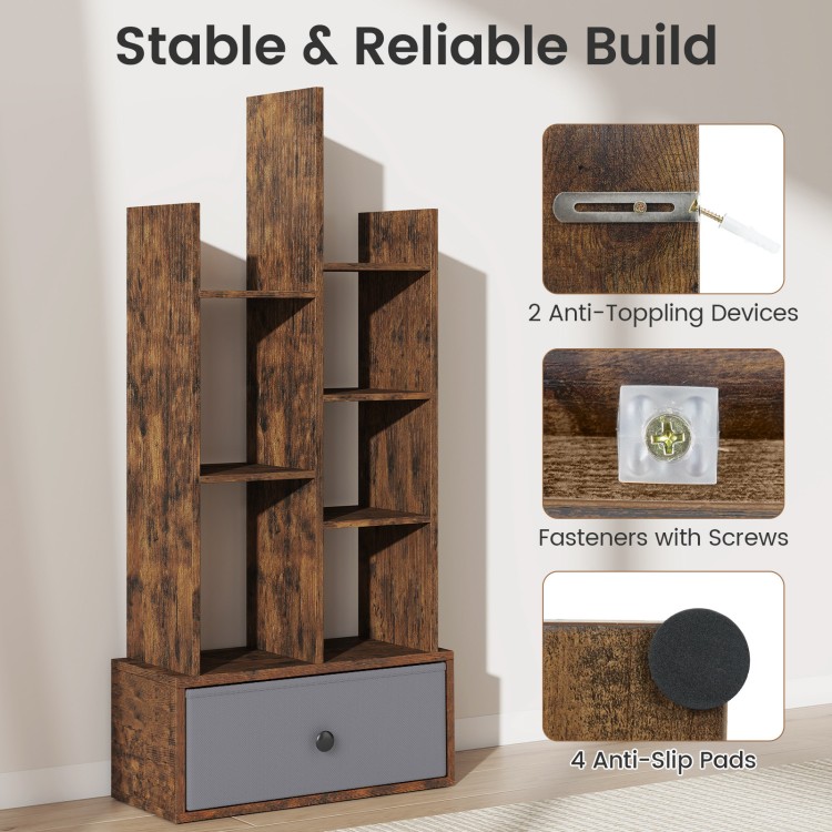 7-tier open-back bookshelf in rustic brown with a drawer, featuring anti-toppling devices and anti-slip pads for.