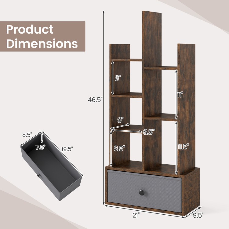 7-tier open-back bookshelf in rustic brown with a drawer, designed for stylish storage and organization in any room.