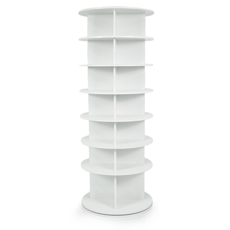 Freestanding 7-tier rotating shoe rack in white with ample storage for up to 28 pairs, ideal for compact spaces.