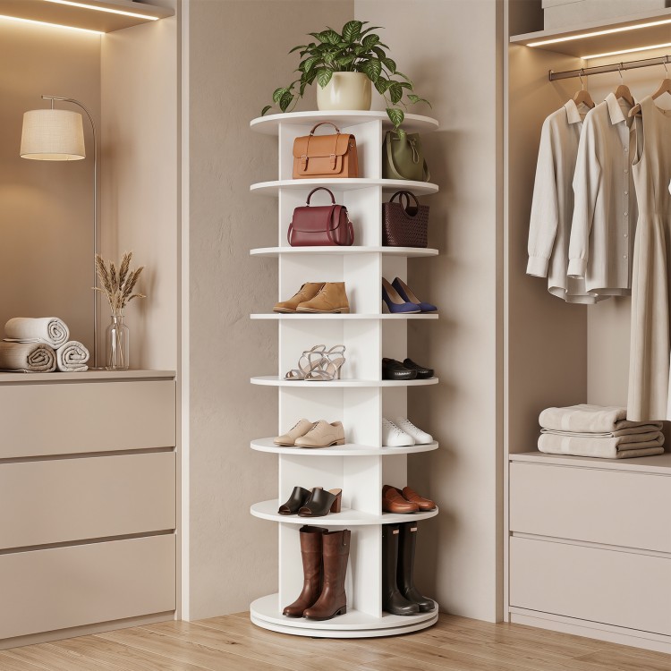 7-tier white rotating shoe rack tower featuring spacious cubes for versatile storage of shoes, handbags, and more.