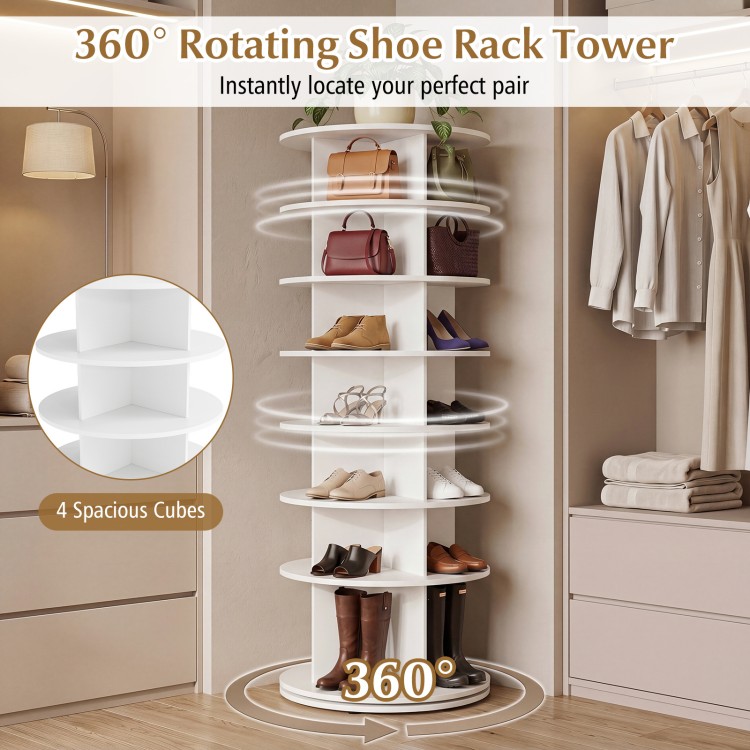 7-tier white rotating shoe rack tower with 4 spacious cubes per shelf for organized shoe storage in compact spaces.