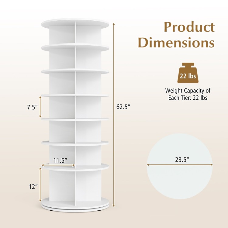 7-tier rotating shoe rack in white with a stable base, designed for easy access and storage of up to 28 pairs of shoes.
