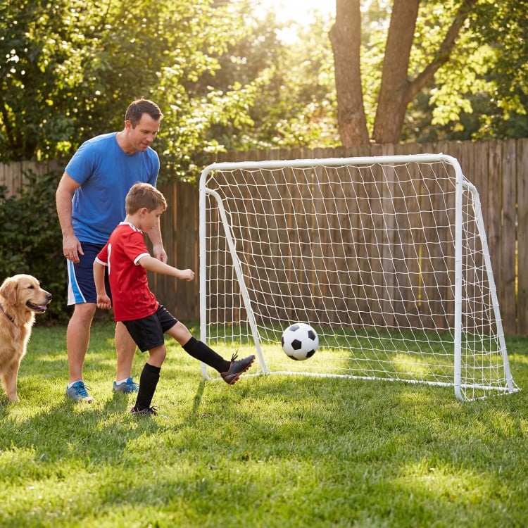 Backyard soccer goal set featuring a 7 ft x 5 ft net with removable target cloth, ideal for training and leisure play.