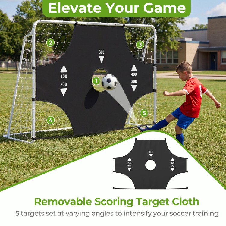 7 ft x 5 ft soccer goal set with removable target cloth, featuring 5 angled targets for enhanced shooting accuracy.