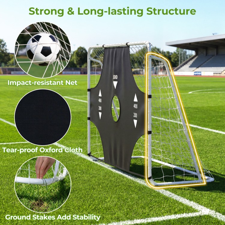 7 ft x 5 ft soccer goal set with removable target cloth, impact-resistant net, and ground stakes for backyard training.