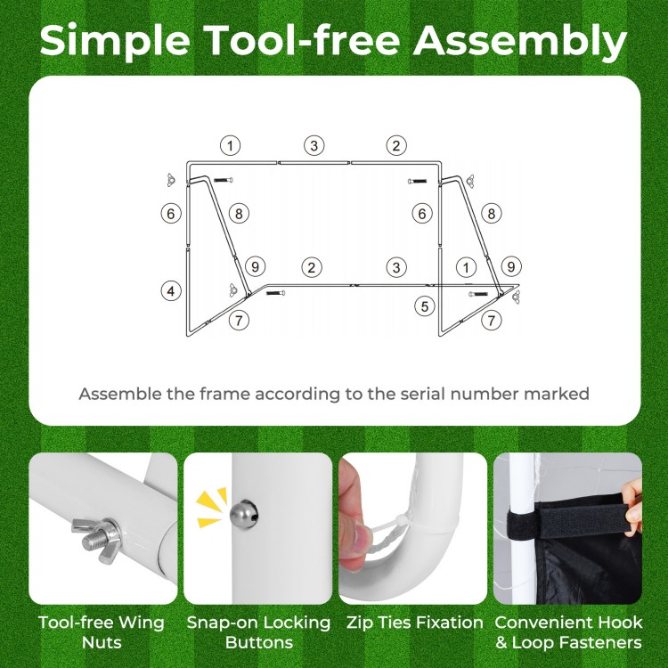 Detailed assembly guide for the 7 ft x 5 ft soccer goal set, showcasing tool-free wing nuts and snap-on locking buttons.