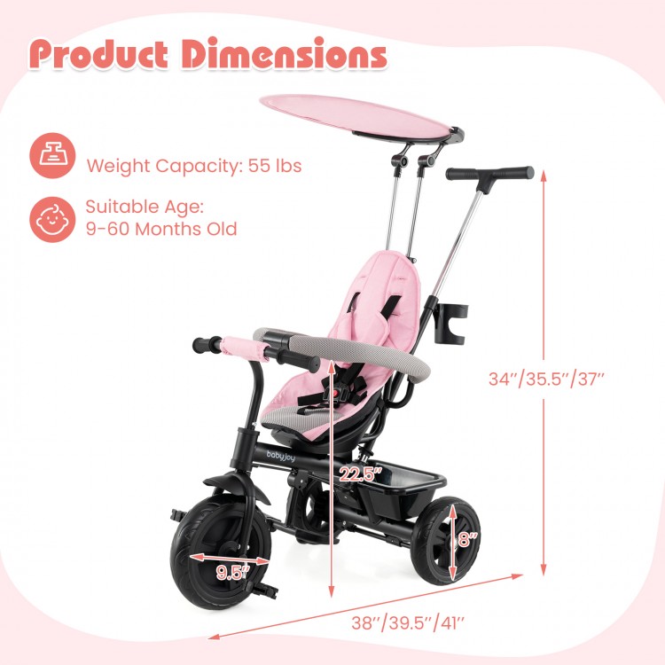 Adjustable pink baby stroller tricycle with canopy, foldable footrests, and safety features for ages 9-60 months.