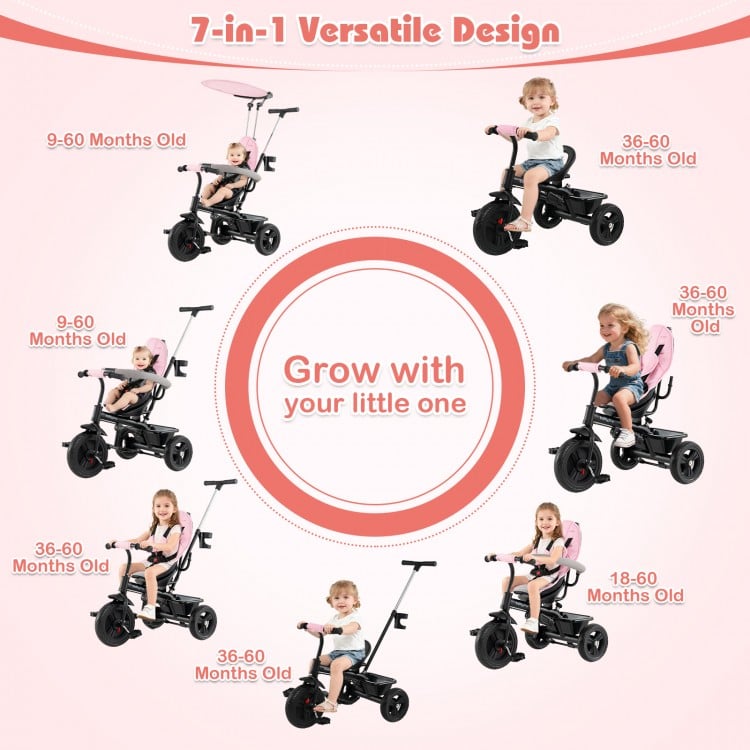 7-in-1 pink baby stroller tricycle with adjustable canopy, foldable footrests, and 5-point safety harness for ages 9-60.