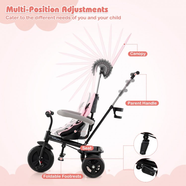 Adjustable pink baby stroller tricycle with canopy, foldable footrests, and parent handle for ages 9-60 months.