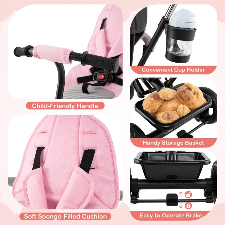 Child-friendly handle and cup holder on the pink 7-in-1 baby stroller tricycle with soft sponge-filled cushion.