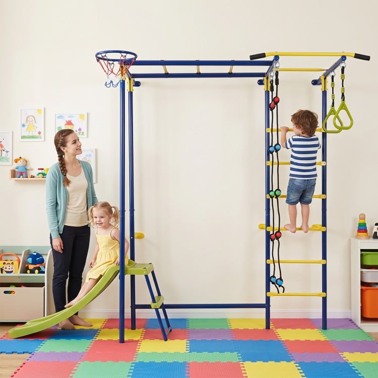 Indoor jungle gym for toddlers featuring a slide, climbing bars, and basketball loop for active play and skill development.
