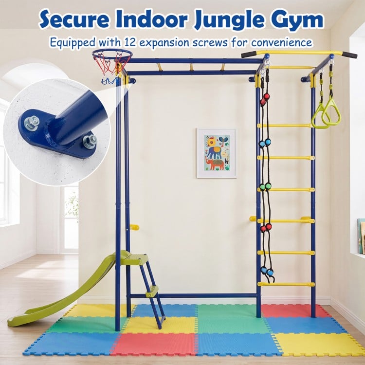 7-in-1 indoor jungle gym for toddlers features climbing, hanging, and sliding activities to enhance balance and coordination.
