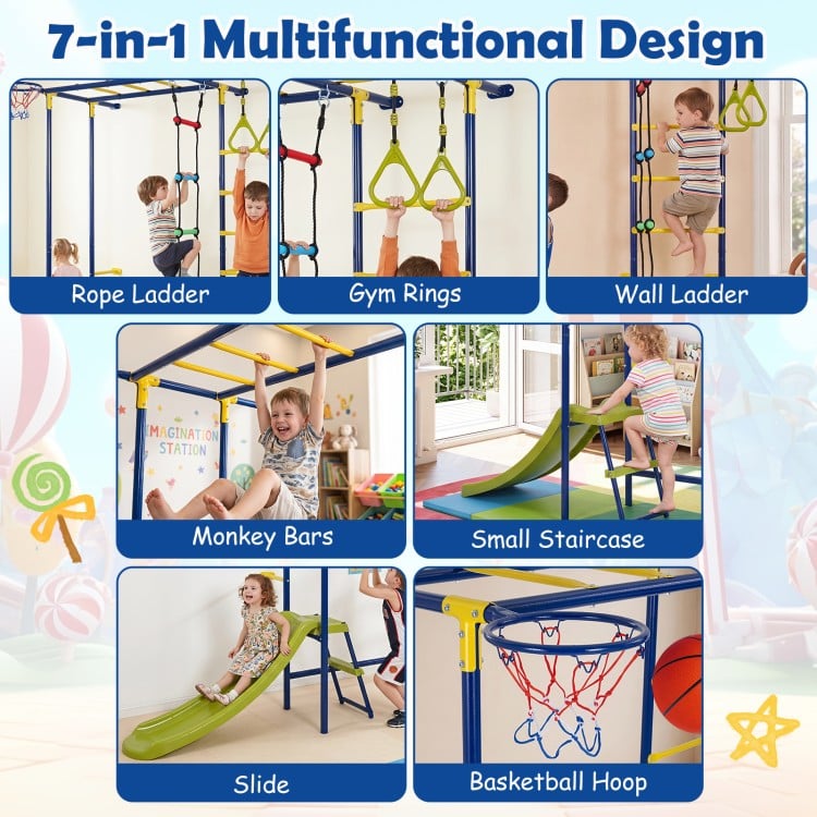 7-in-1 indoor jungle gym for toddlers featuring a slide, monkey bars, gym rings, and a basketball hoop for active play.