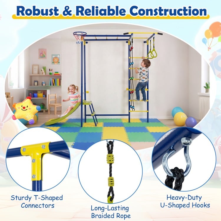 Indoor jungle gym for toddlers featuring climbing bars, slide, and basketball loop for active play and skill development.