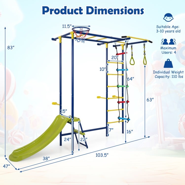 7-in-1 indoor jungle gym for toddlers featuring a slide, basketball hoop, climbing ladder, and swing for active play.