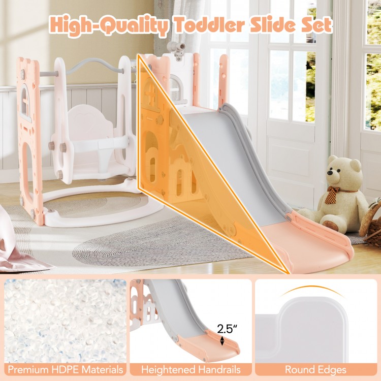 L-shaped toddler slide set in pink with safe handrails, non-slip steps, and multiple play features for active fun.