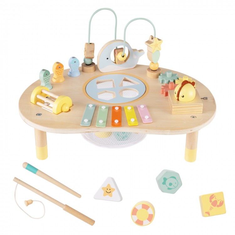 Close-up of the colorful shape sorter and fishing game on the 7-in-1 Montessori toddler activity table for sensory play.