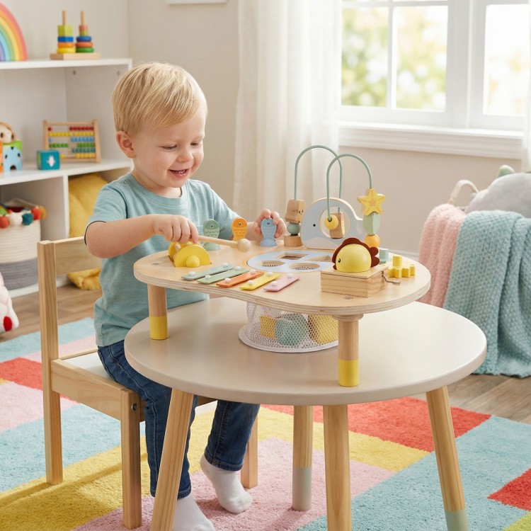 Toddler playing at a 7-in-1 Montessori activity table with musical features, promoting sensory and early learning.