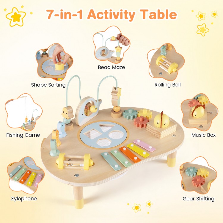 7-in-1 toddler activity table featuring a xylophone, bead maze, and shape sorter for sensory and early learning.