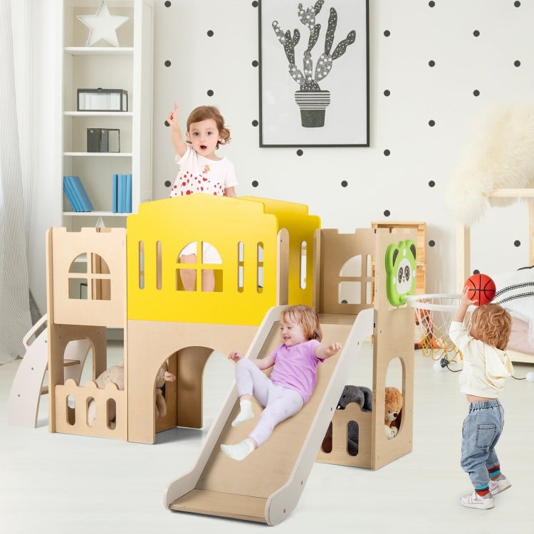 Colorful 7-in-1 toddler slide set with climber, basketball hoop, and castle design for indoor and outdoor fun.