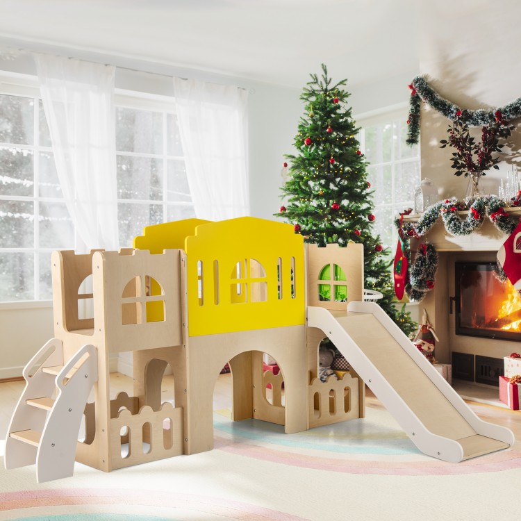 Multicolor 7-in-1 toddler slide set with climbing features and basketball hoop, perfect for indoor playtime fun.