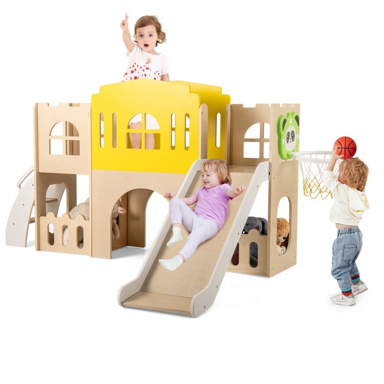 Multicolor 7-in-1 toddler slide set with climber, basketball hoop, and castle design, perfect for indoor or outdoor.