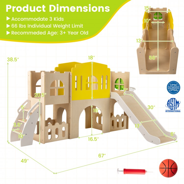 7-in-1 toddler slide set with climbing area and basketball hoop, multicolor, ideal for indoor and outdoor play.