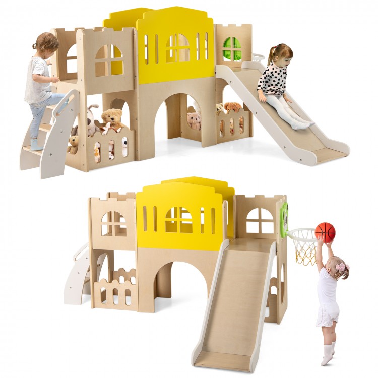 Multicolor 7-in-1 toddler slide set with climbing area and basketball hoop, perfect for indoor and outdoor play.