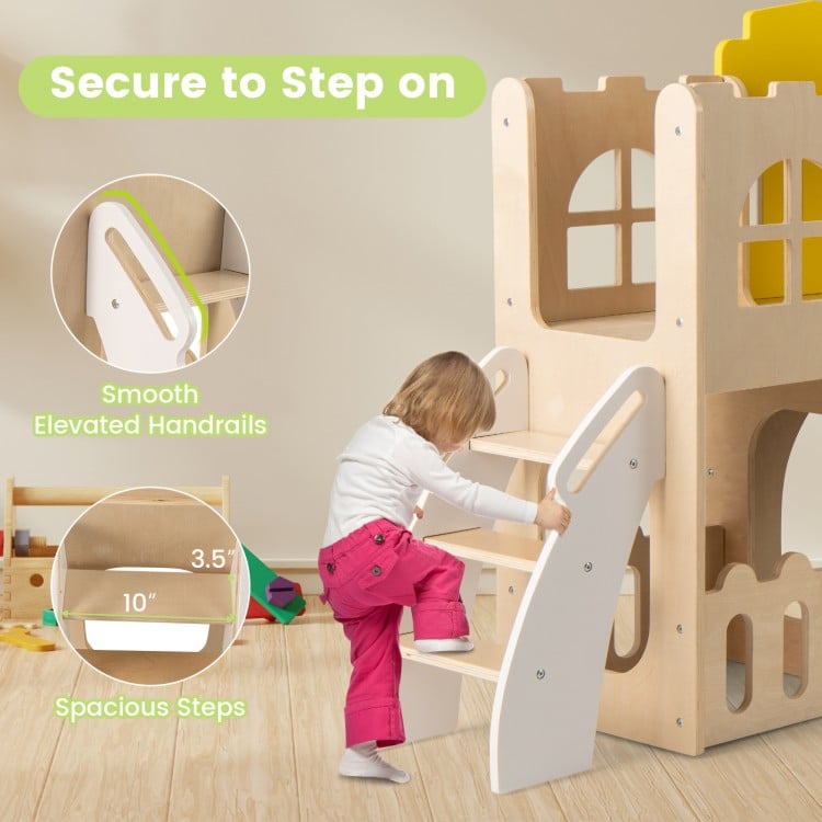 Toddler climbing steps with secure handrails on a multicolor 7-in-1 slide set for indoor and outdoor play.
