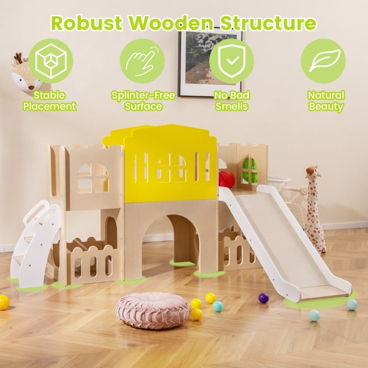 7-in-1 toddler slide set with climber, basketball hoop, and castle design, perfect for indoor and outdoor play.