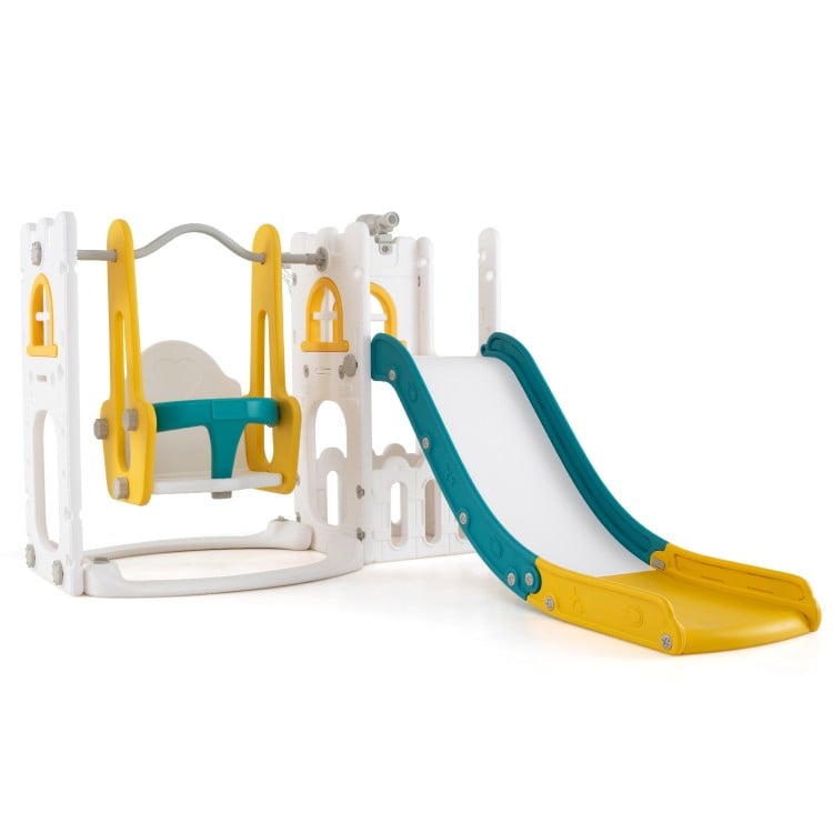 Toddler swing and slide set in yellow and teal with climbing features, basketball hoop, and safety handrails for.