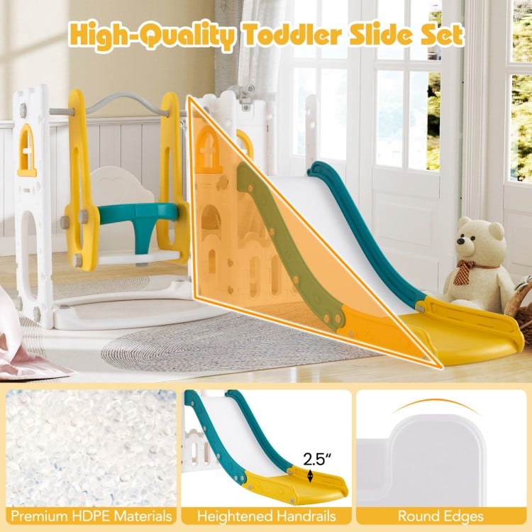 L-shaped toddler slide set in yellow with swing, basketball hoop, and safety features for secure play and skill.